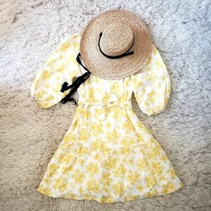 Ann Taylor belted puff-sleeve floral yellow dress